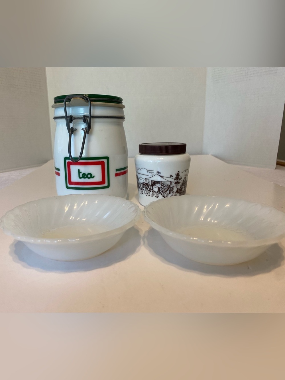 Vintage Collection of Milk Glass -Tea Canister,Mustard Jar, 2 Sm Dishes